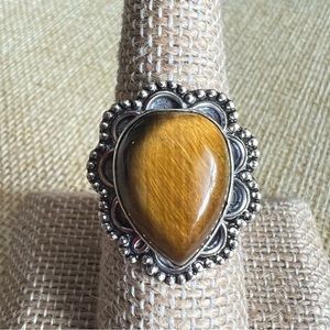 New Tigers Eye Stone Crystal Silver Overlay Ring Size 7.75